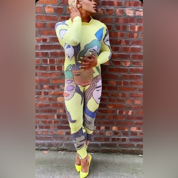 Pants - Pop Art Rhinestone Mesh Jumpsuit Yellow Long Sleeve Bodysuit Costume Style Sz L